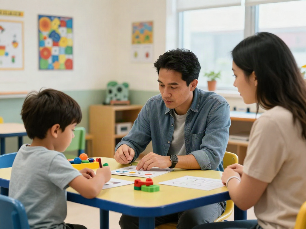 Applied behaviour analysis in a vibrant classroom helping a child engage with learning materials.
