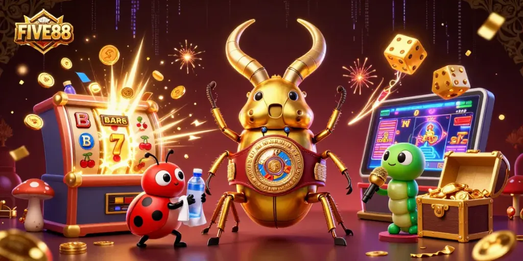 Experience the excitement of FIVE88 as a golden stag beetle and characters celebrate casino wins with games and jackpots.