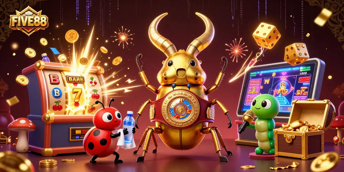Experience the excitement of FIVE88 as a golden stag beetle and characters celebrate casino wins with games and jackpots.