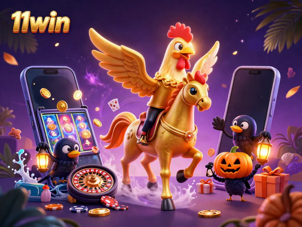Experience the excitement of 11win with a golden rooster and casino games in a vibrant scene.