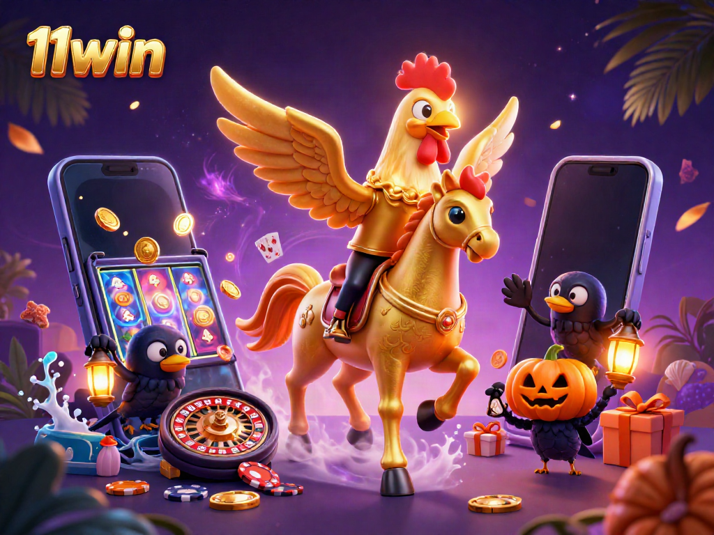 Experience the excitement of 11win with a golden rooster and casino games in a vibrant scene.