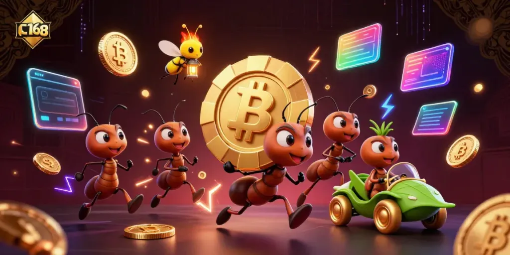 Ants and grasshopper heist themed c168 scene with crypto elements and vibrant casino visuals.
