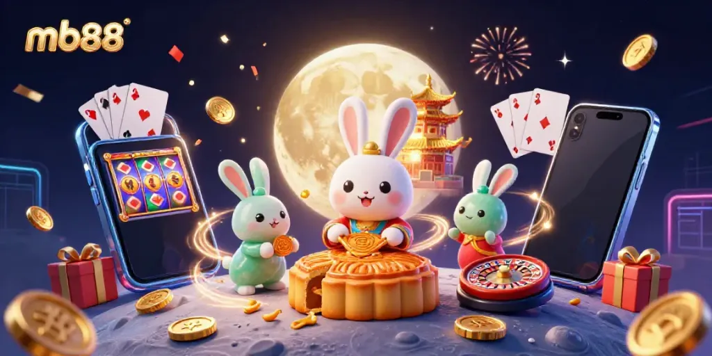 Experience mb88 with a vibrant casino scene featuring a moon rabbit and festive elements.