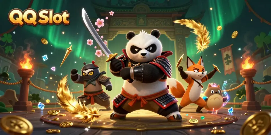 Experience QQ Slot with a vibrant scene of samurai panda and ninja fox amidst dynamic casino elements.