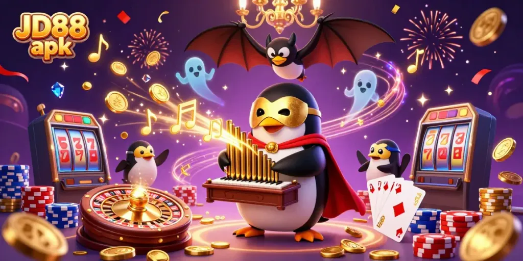 Experience JD88 apk with a vibrant 3D casino illustration featuring a penguin playing an organ while coins shower down.