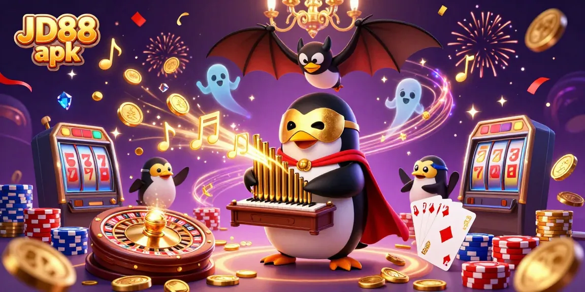 Experience JD88 apk with a vibrant 3D casino illustration featuring a penguin playing an organ while coins shower down.