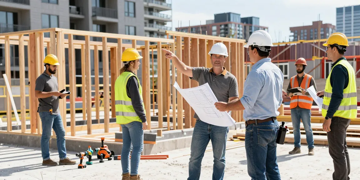 General contractor Toronto overseeing a construction site with workers, blueprints, and tools in a bustling urban environment.