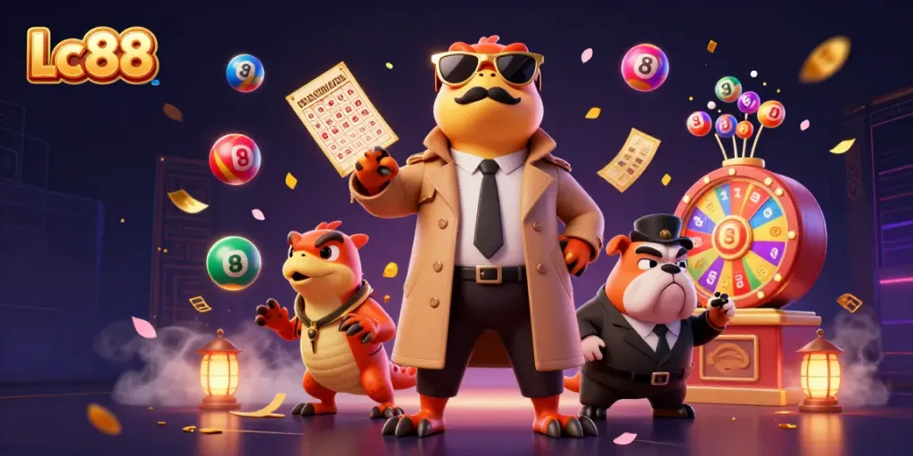 Experience excitement with Lc88 in a vibrant casino scene full of playful raptors and dynamic elements.