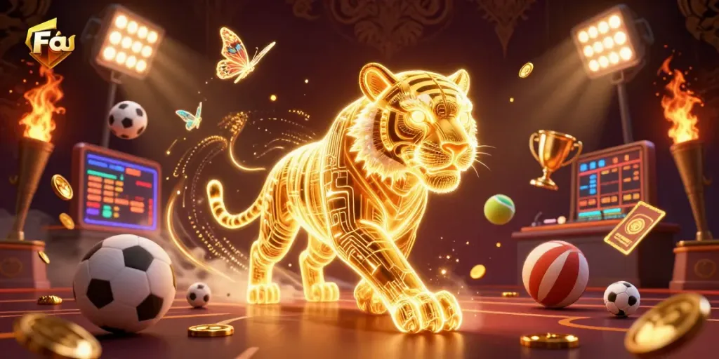 Bet on Fabet with this dynamic 3D casino scene featuring a neon golden tiger and sports elements.