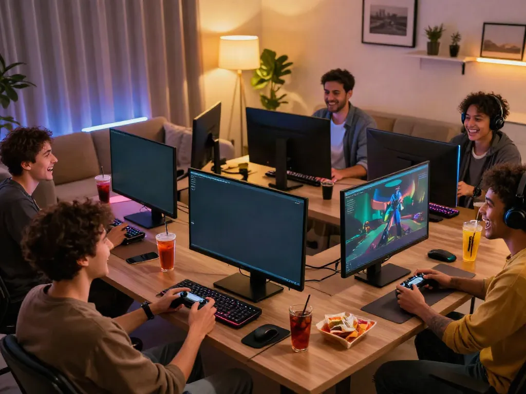 Exciting friends enjoying gaming at https://ta88.network/ with modern setup and vibrant atmosphere.