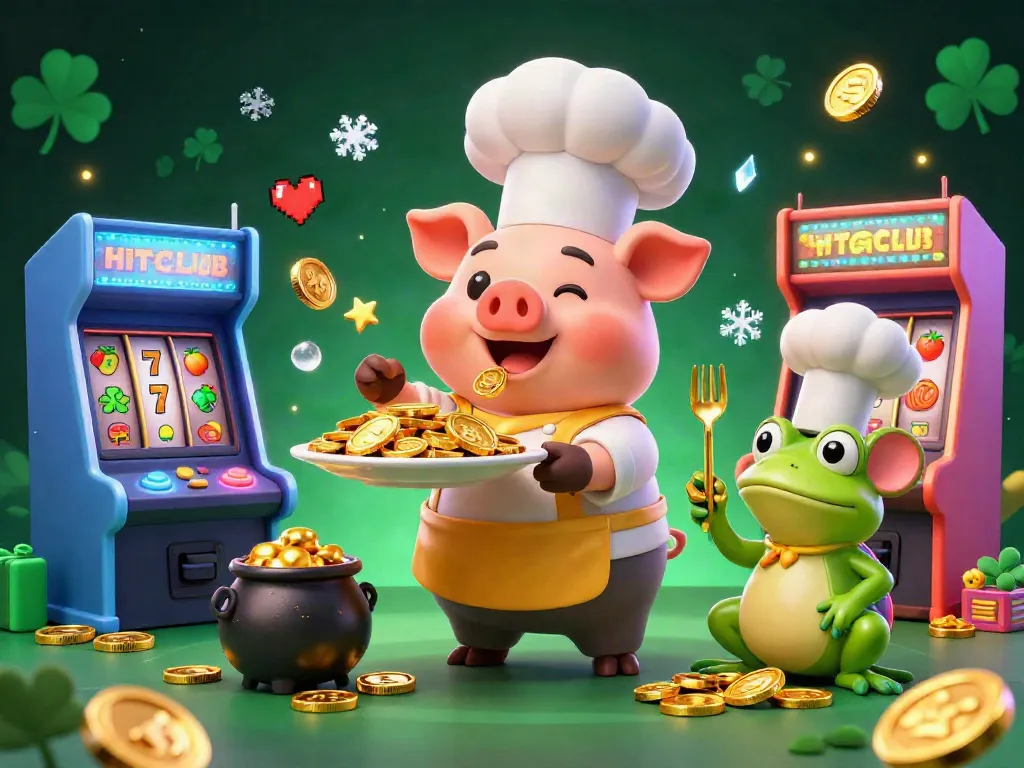 Engage with HITCLUB's thrilling gaming atmosphere, showcasing a chef pig, sous-chef mouse, and critic frog in a casino setting.