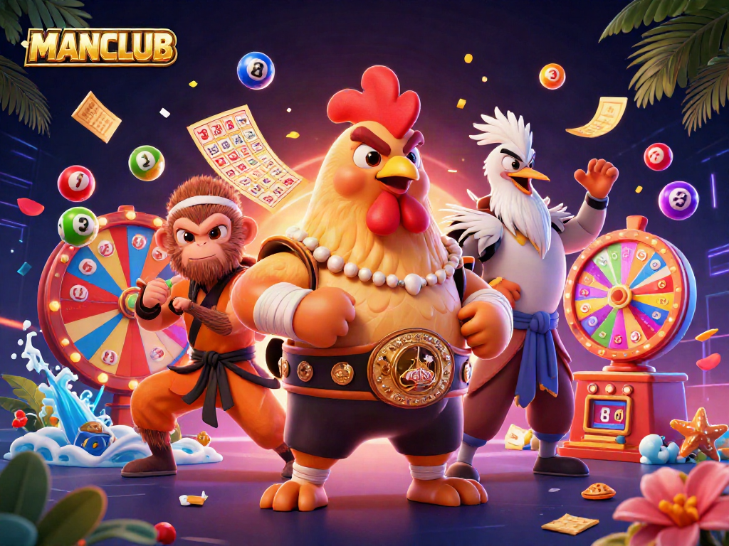 Engage with MANCLUB's thrilling lottery action featuring a Muay Thai rooster in a vibrant 3D casino setting.