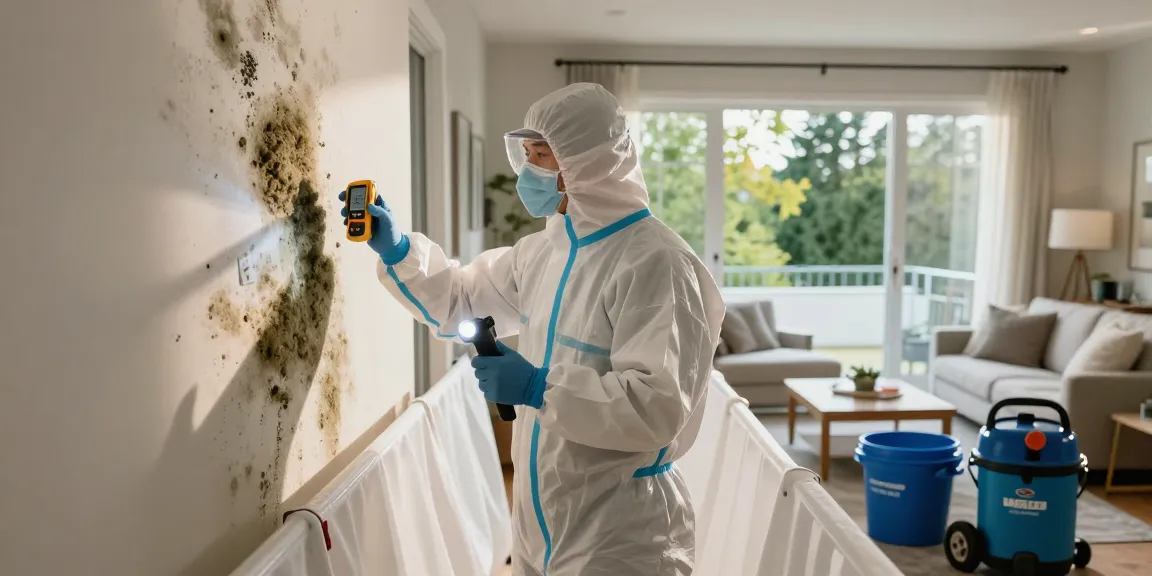 Mold remediation Vancouver technician inspecting damp wall with HEPA vacuum in residential home.