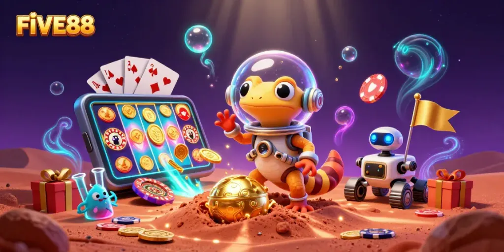 Experience the vibrant gaming world of FIVE88 with a Martian gecko and alien teams celebrating a casino discovery.