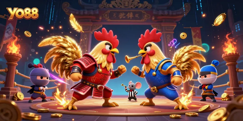 Engaging visual of YO88's fierce rooster duel, showcasing vibrant casino elements.