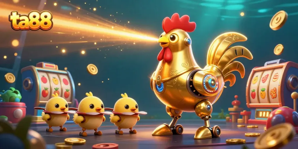 Experience thrilling jackpots at ta88 with a retro-futuristic golden rooster robot and baby chick drones.