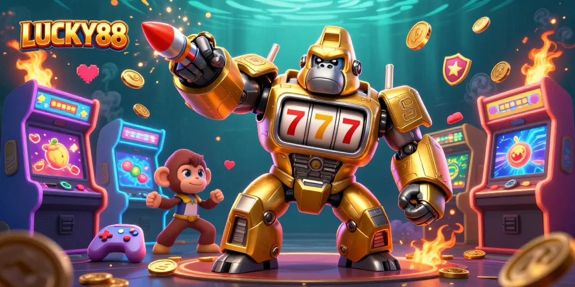 Engage with the exciting LUCKY88 slot experience featuring a dynamic golden mech surrounded by vivid casino elements.