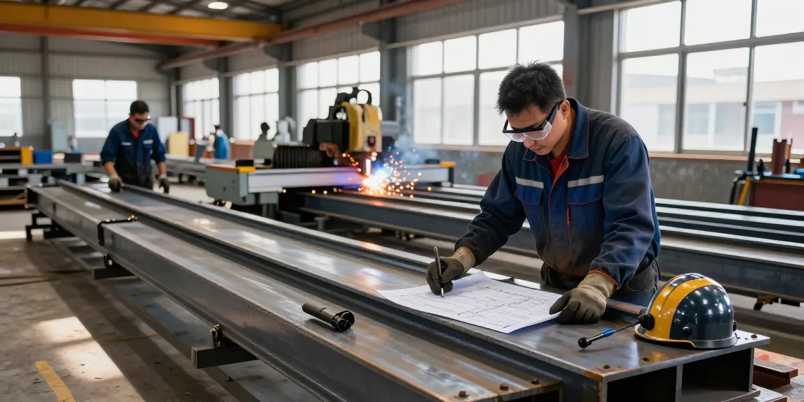 Commercial steel company team fabricating structural steel in an active workshop, showcasing precision and professionalism.