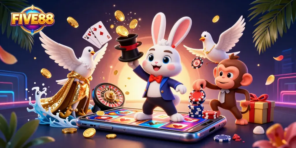 Win big with FIVE88's vibrant casino adventure featuring a magician pulling in golden coins.