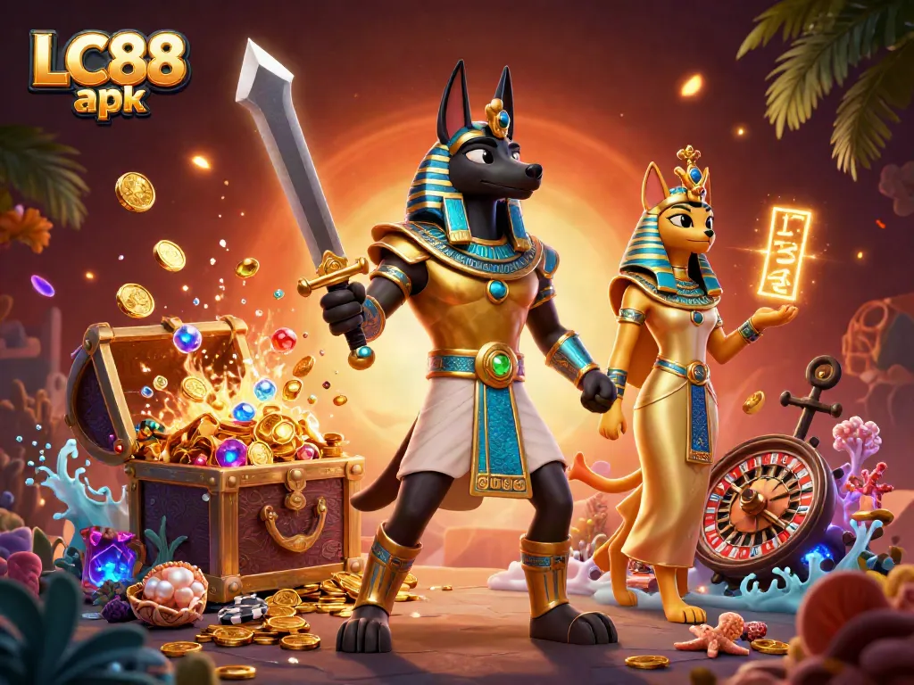 Experience the excitement of LC88 apk with Anubis and Bastet amidst poker chips and treasures.