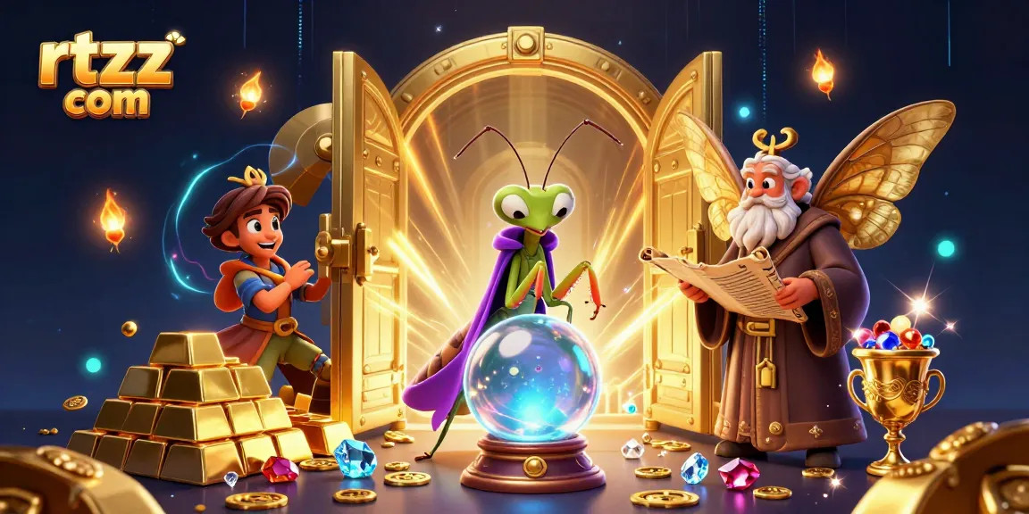 Experience the magic of rtzz com with a vibrant 3D cartoon scene featuring a fortune teller, librarian, and oracles amidst treasures.