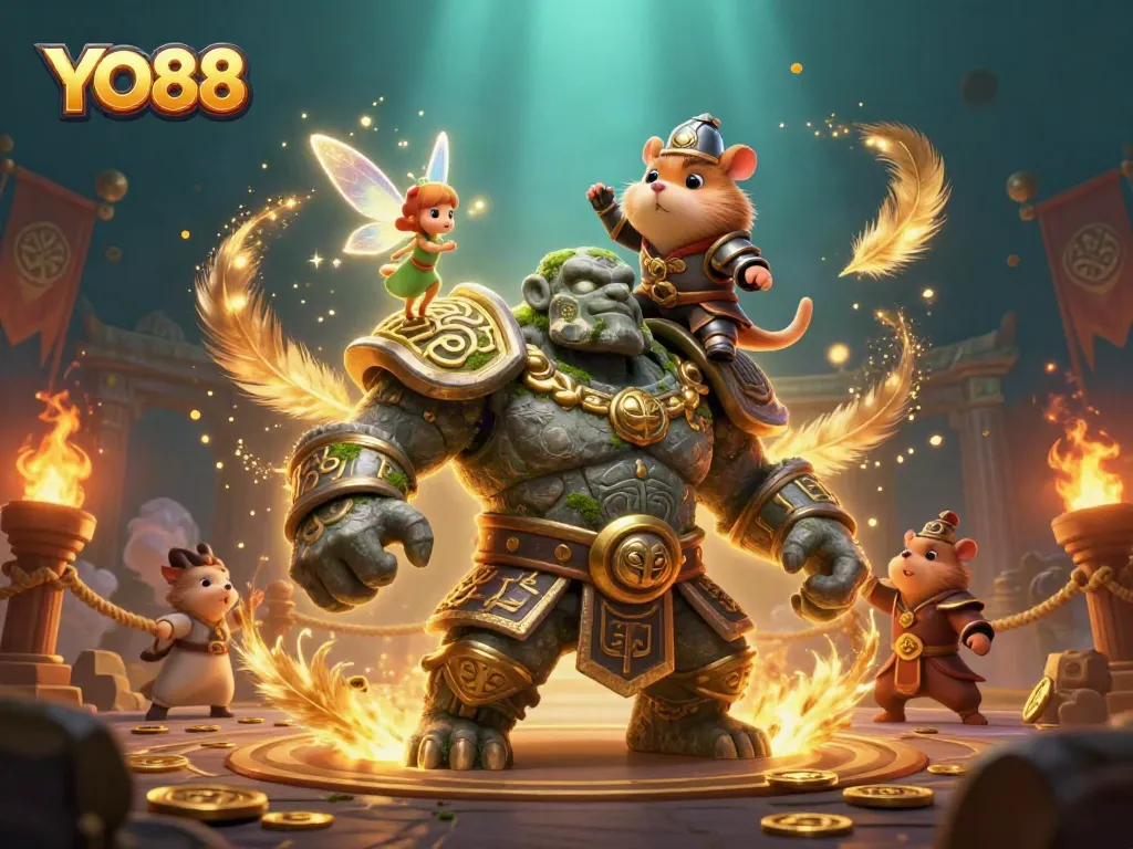 Engage with YO88's vibrant 3D casino experience featuring a golem guardian and brave knight.