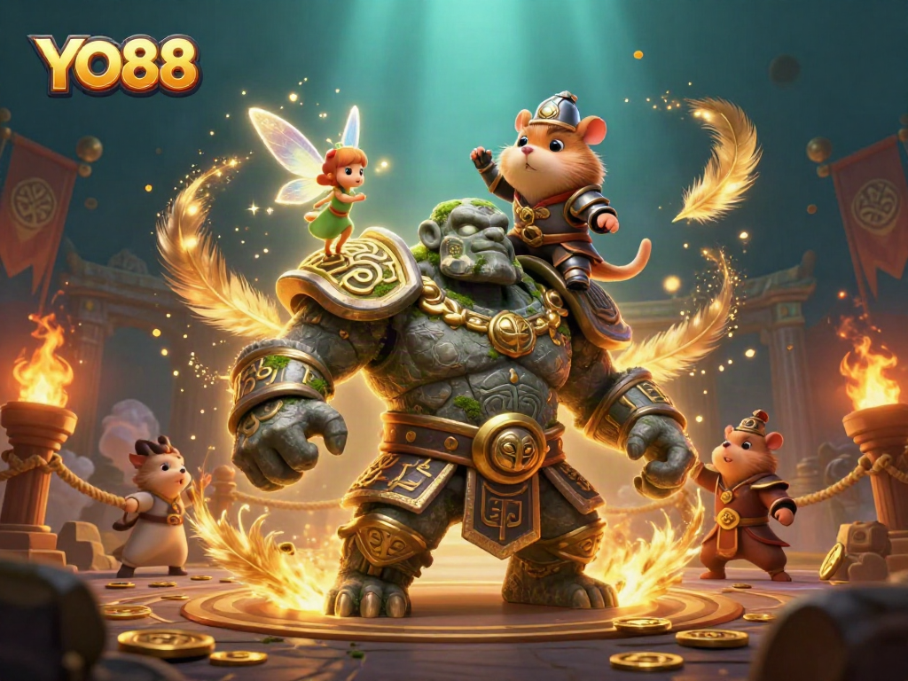 Engage with YO88's vibrant 3D casino experience featuring a golem guardian and brave knight.