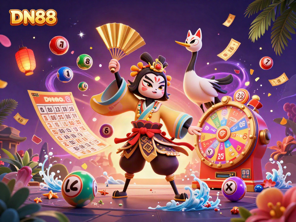 Experience the excitement of DN88 with a vibrant casino-themed digital illustration featuring dynamic game elements.