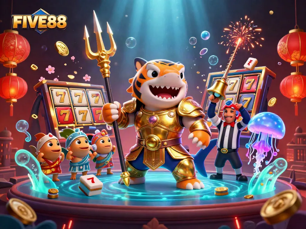 Engage with FIVE88's exciting underwater gambling adventure featuring a fierce tiger shark and vibrant casino elements.