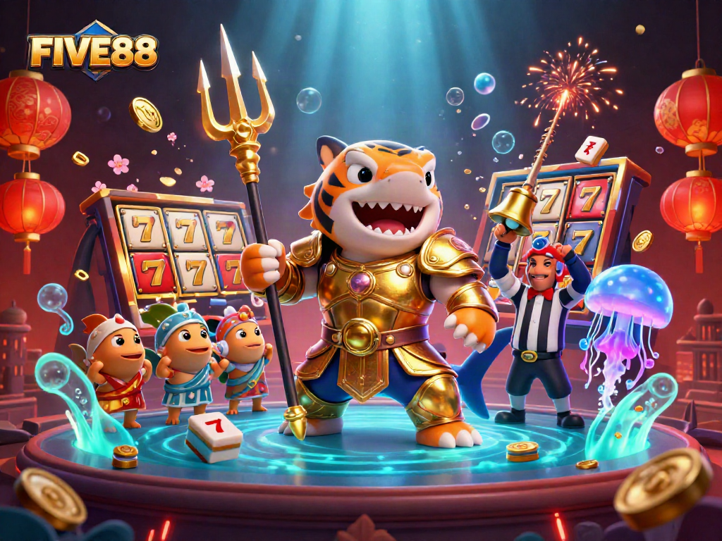 Engage with FIVE88's exciting underwater gambling adventure featuring a fierce tiger shark and vibrant casino elements.