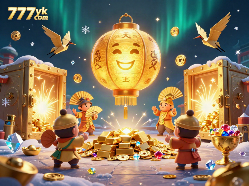 Engage in thrilling gaming on 777yk com with enchanting golden lantern spirits revealing treasures in a vibrant casino.