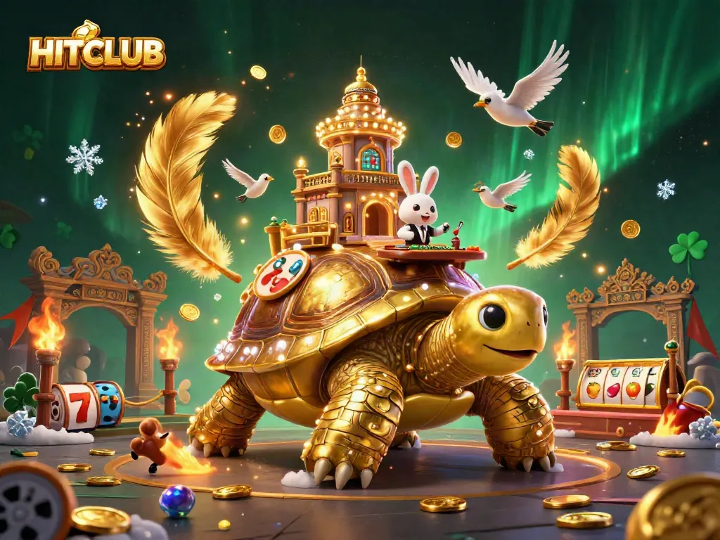 Experience thrilling gameplay at HITCLUB with a vibrant illustration of a golden tortoise casino scene.