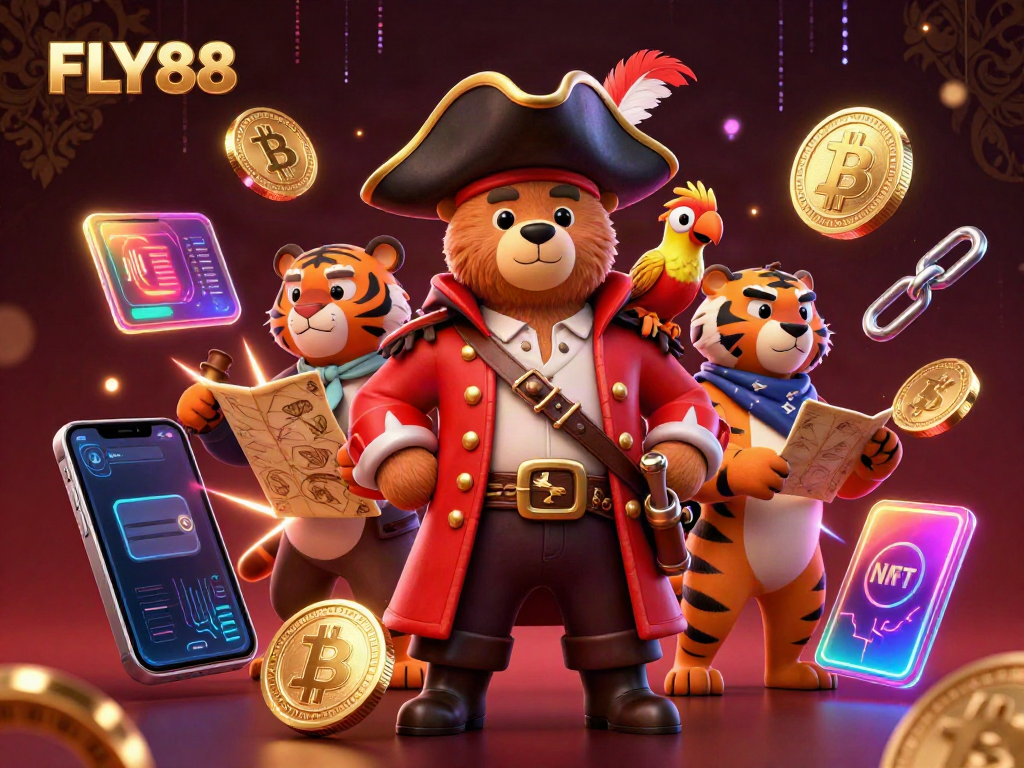FLY88 pirate-themed casino scene featuring a bear captain, tiger, and treasures