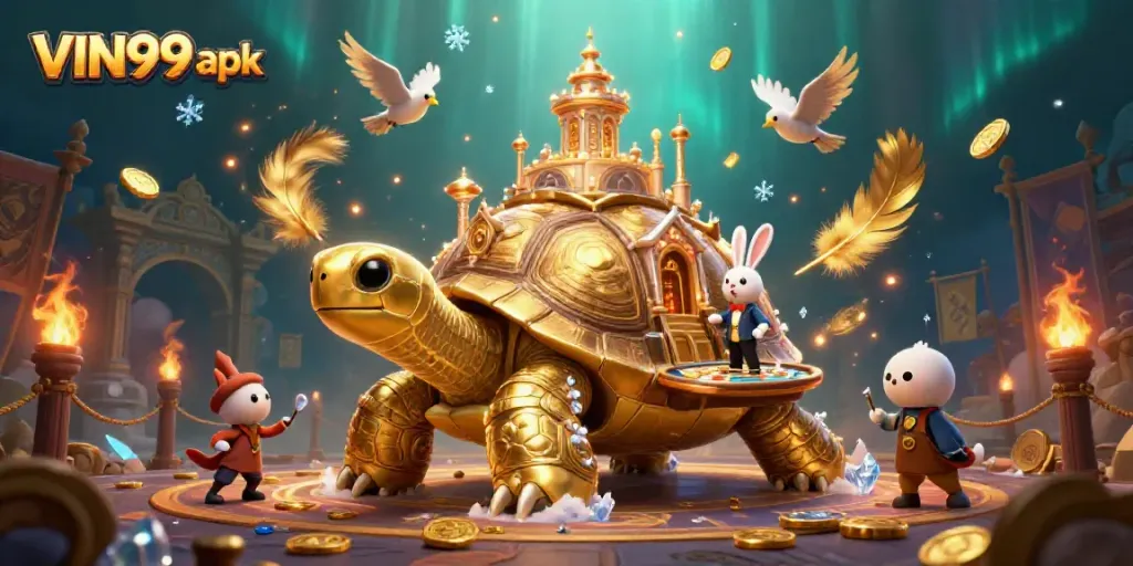 Experience excitement with VIN99 apk featuring a golden tortoise casino and a rabbit dealer.