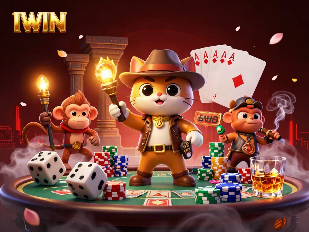 IWIN themed adventure with a cat explorer in a casino temple, surrounded by poker elements and ancient traps