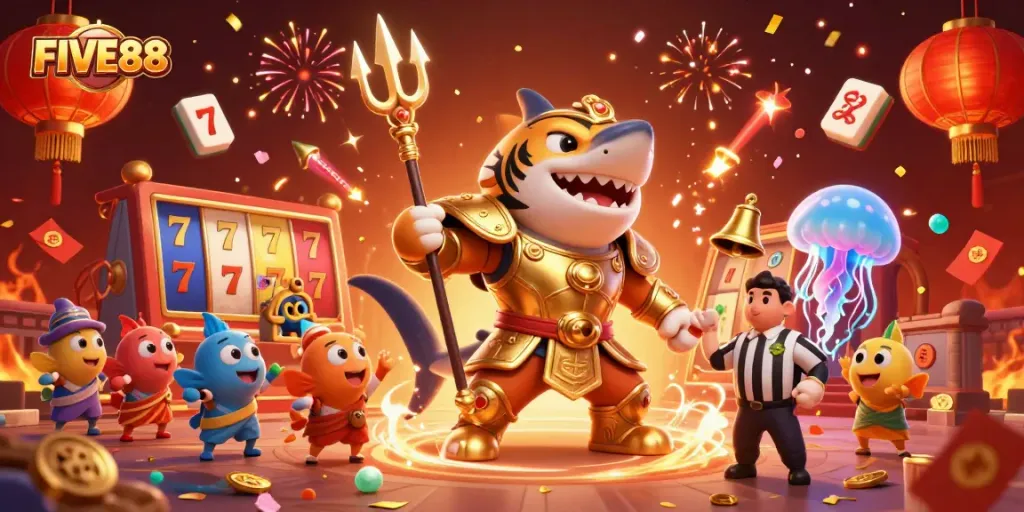 Engage with FIVE88's thrilling casino experience in a vibrant underwater arena full of colorful game elements.