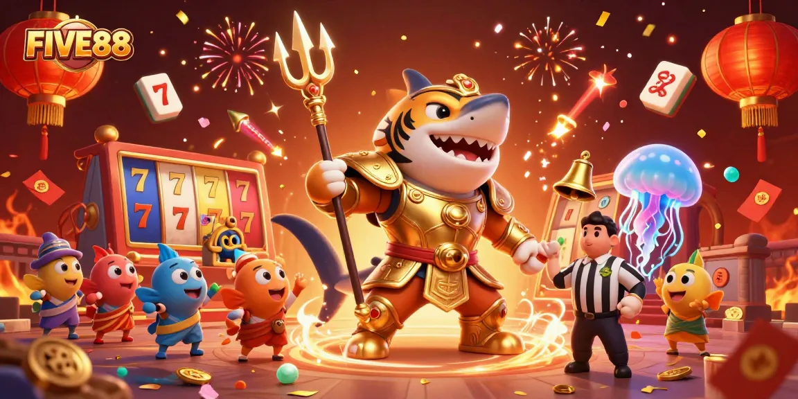 Engage with FIVE88's thrilling casino experience in a vibrant underwater arena full of colorful game elements.
