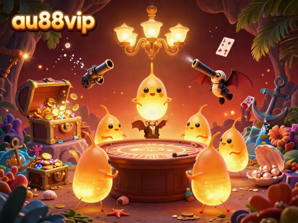 Experience the thrilling ambience of au88vip with glowworms illuminating an underwater casino scene.