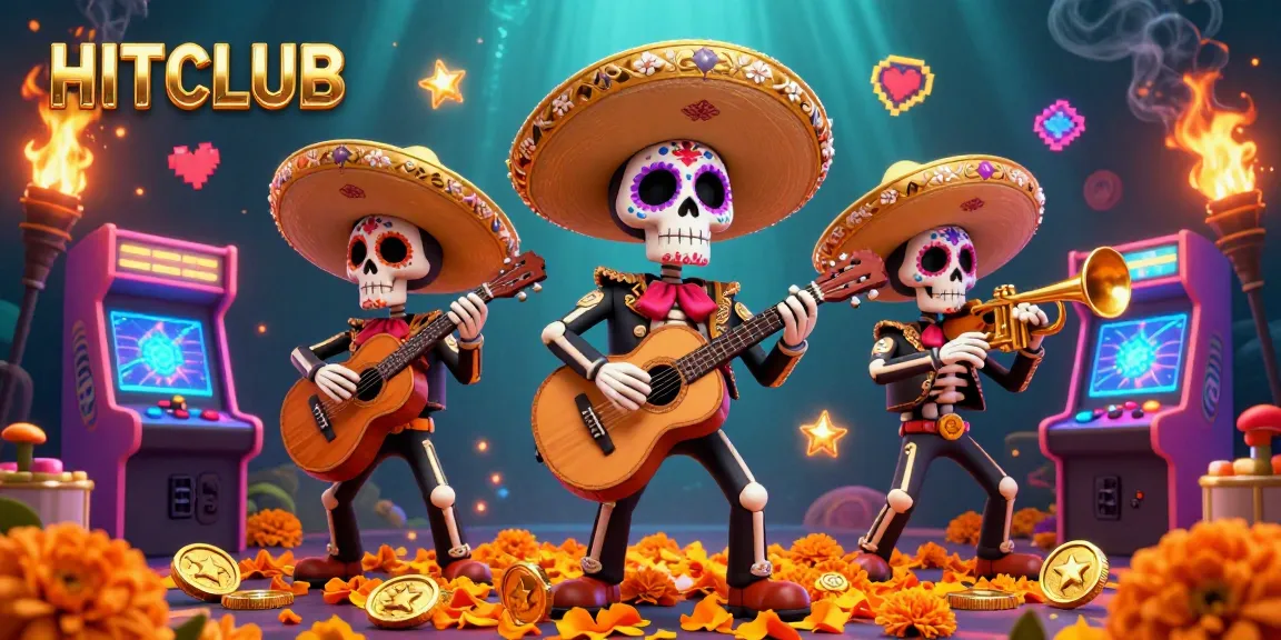 Spin and win with HITCLUB in this colorful casino-themed illustration featuring mariachi skeletons.