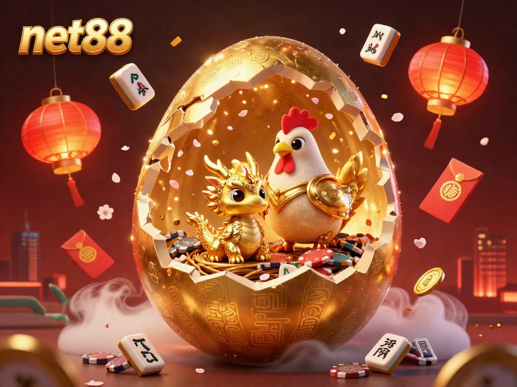 Experience the excitement at net88 with a vibrant scene featuring golden dragon, poker chips, and festive casino elements.