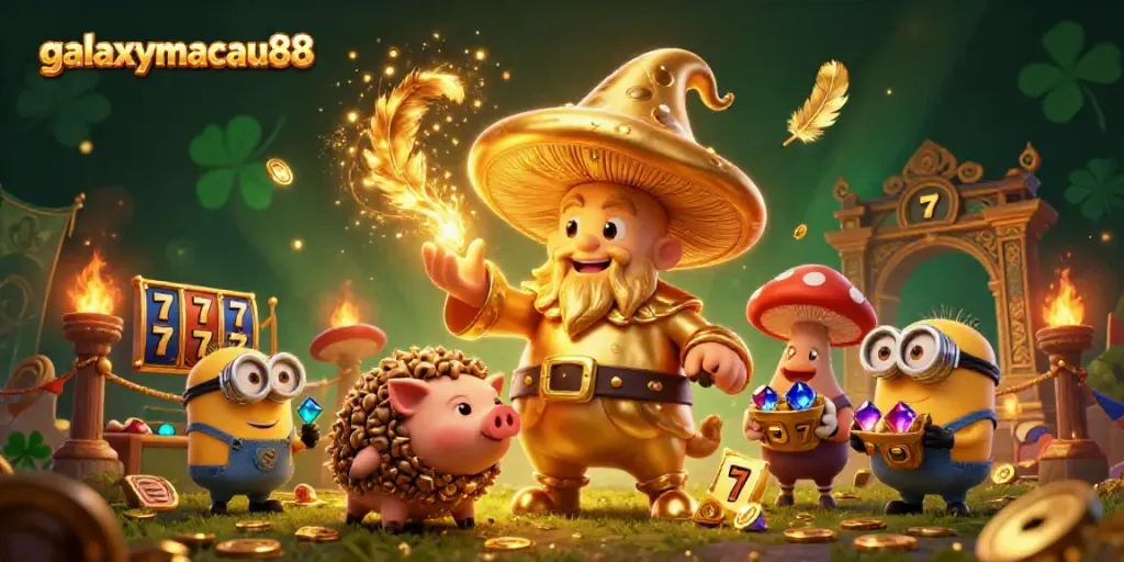 Engage with galaxymacau88's vibrant 3D casino illustration showcasing dynamic characters and slot game elements.