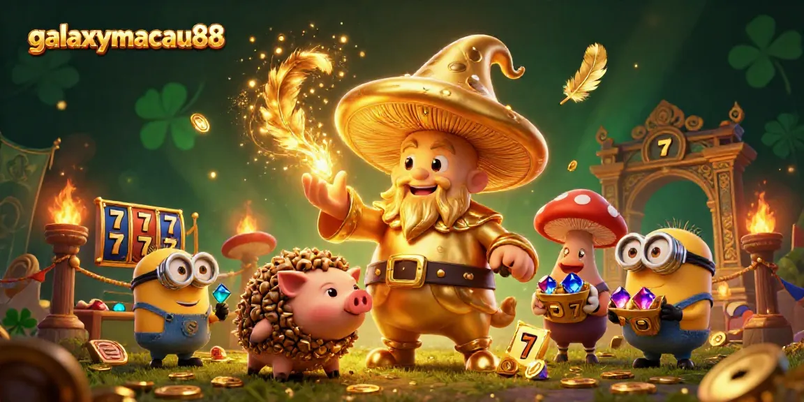 Engage with galaxymacau88's vibrant 3D casino illustration showcasing dynamic characters and slot game elements.