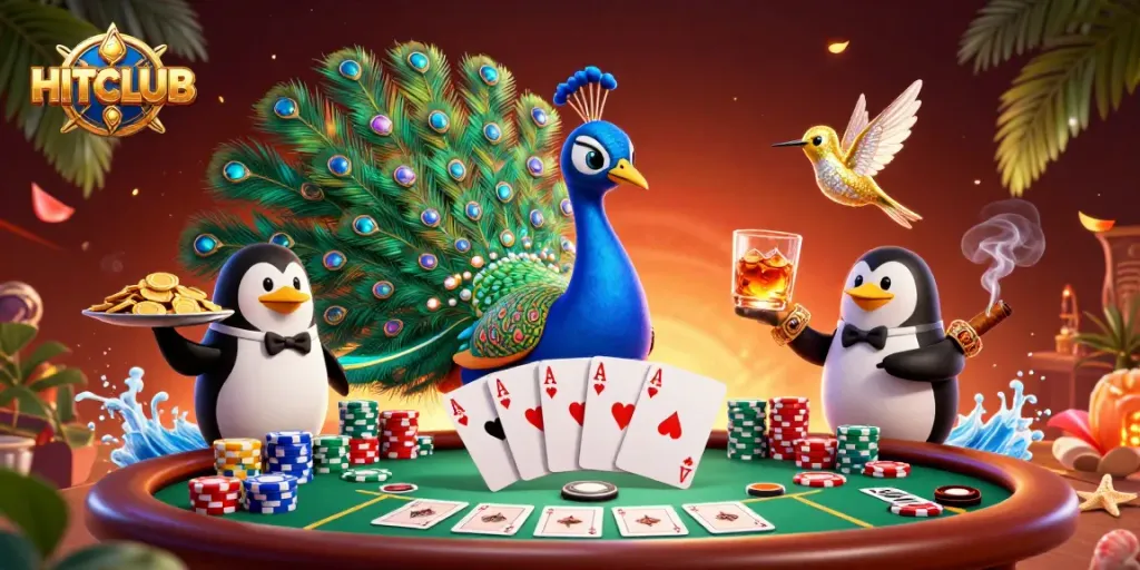 Play to win at HITCLUB with extravagant casino characters amidst dynamic poker action.