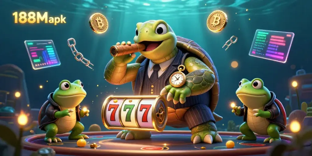 Engage with 188M apk featuring a turtle and bullfrogs amidst vibrant casino elements and sparkling coins.