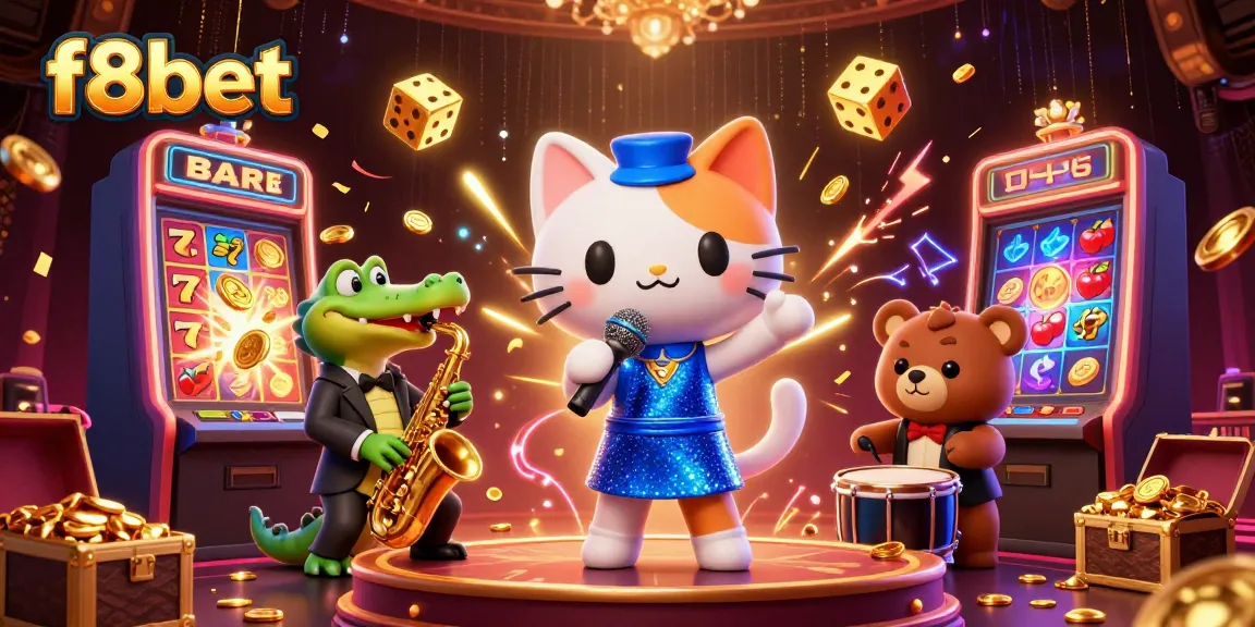 Experience the excitement of f8bet with cheerful characters on a vibrant casino stage.