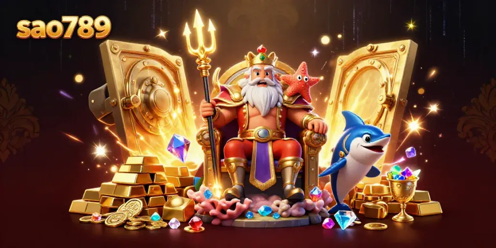 Experience the thrilling world of gambling at sao789 with vibrant 3D visuals of Neptune and treasures.