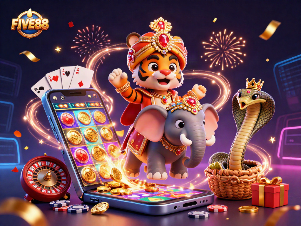 Spin and win at FIVE88 with an energetic casino scene featuring slots, cards, and vibrant characters!