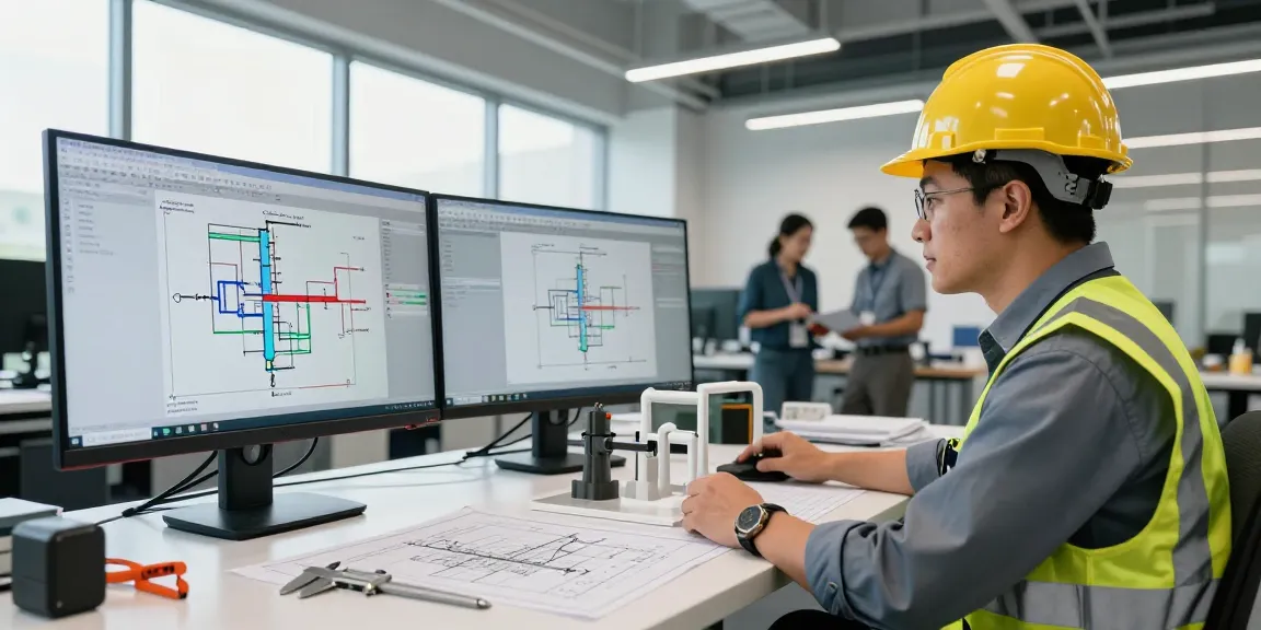 Piping Stress Analysis USA in a modern engineering office with professionals collaborating and analyzing designs.