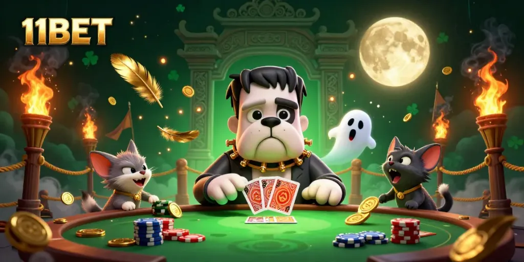 Join the thrill of 11BET casino as a Frankenstein bulldog deals cards with ghostly excitement.