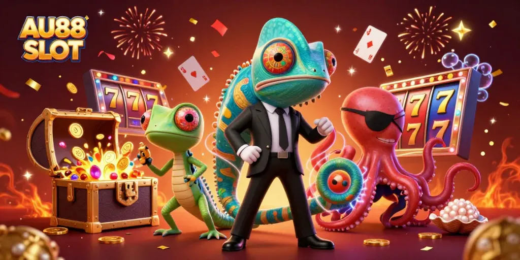 Engage in exciting gameplay with AU88 SLOT featuring colorful slot reels, lucky 7s, and a vibrant underwater scene.